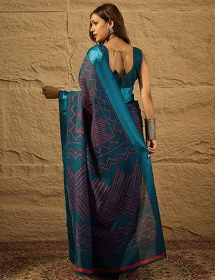 Blue Color Printed Art Silk Styles Women'S Saree With Blouse Piece 4