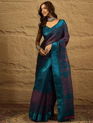 Blue Color Printed Art Silk Styles Women'S Saree With Blouse Piece 5