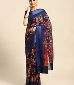 Dark Blue Color Printed Cotton Blend Styles Women'S Saree With Blouse Piece