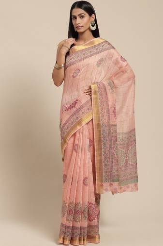 Ahika Pink Color Printed Cotton Blend Styles Women'S Saree With Blouse Piece