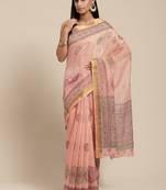 Ahika Pink Color Printed Cotton Blend Styles Women'S Saree With Blouse Piece