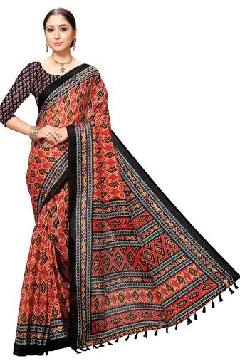 Ahika Black Color Printed Art Silk Styles Women'S Saree With Blouse Piece