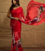 Red Printed Georgette Saree With Blouse Piece