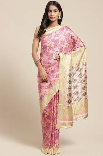 Pink::Beige Color Printed Art Silk Styles Women'S Saree With Blouse Piece