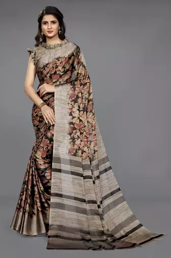 Black Chiffon Floral Printed Saree With Unstitched Blouse Piece
