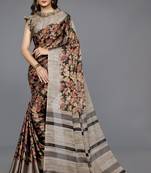 Black Chiffon Floral Printed Saree With Unstitched Blouse Piece