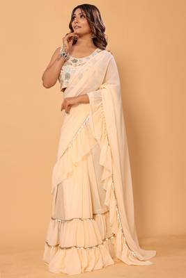 ready to wear beautiful & stunning  bollywood georgette ruffle lace saree with heavy embroidery unstitched blouse 3