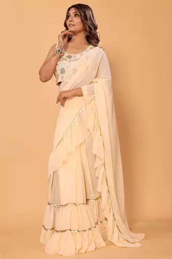 ready to wear beautiful & stunning  bollywood georgette ruffle lace saree with heavy embroidery unstitched blouse