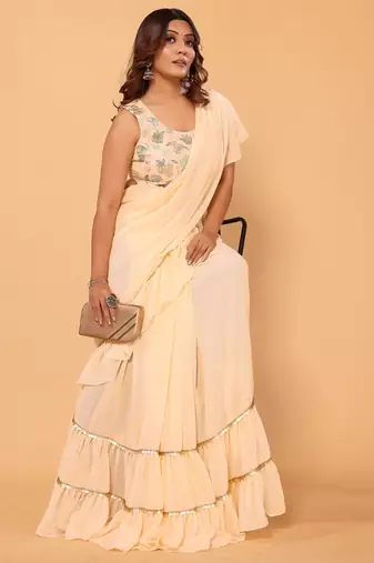 ready to wear beautiful & stunning  bollywood georgette ruffle lace saree with heavy embroidery unstitched blouse