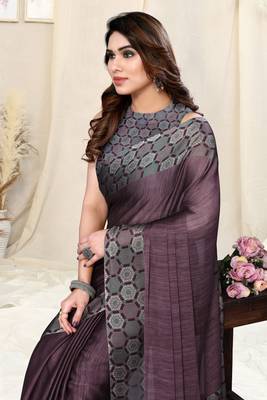 Wine chiffon solid/ajrakh print saree with unstitched blouse piece 1