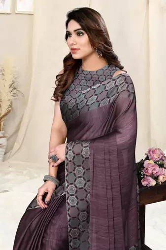 Wine chiffon solid/ajrakh print saree with unstitched blouse piece