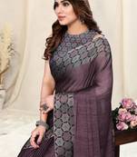 Wine chiffon solid/ajrakh print saree with unstitched blouse piece