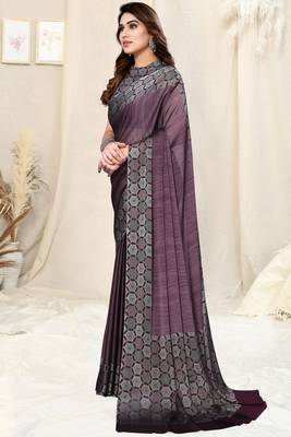 Wine chiffon solid/ajrakh print saree with unstitched blouse piece 3