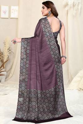 Wine chiffon solid/ajrakh print saree with unstitched blouse piece 4