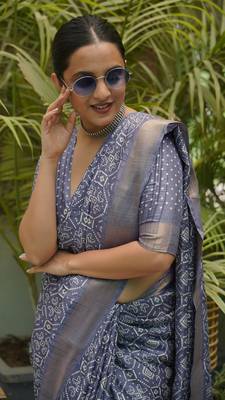 Dusty Purple Silk Blend Aztec Print Zari Border Saree With Unstitched Blouse Piece 1