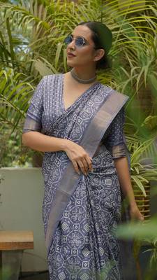 Dusty Purple Silk Blend Aztec Print Zari Border Saree With Unstitched Blouse Piece 2