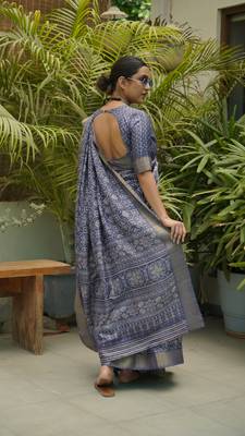 Dusty Purple Silk Blend Aztec Print Zari Border Saree With Unstitched Blouse Piece 3