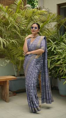 Dusty Purple Silk Blend Aztec Print Zari Border Saree With Unstitched Blouse Piece 5