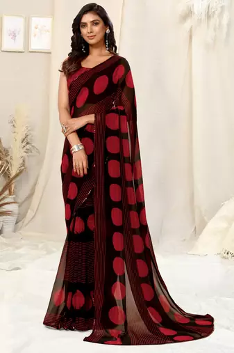 Black georgette geometric print sequinns lace saree with unstitched blouse piece