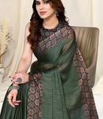 Dark green chiffon solid/ajrakh print saree with unstitched blouse piece
