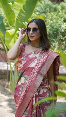 Coral Silk Blend Floral Print Zari Border Saree With Unstitched Blouse Piece 1