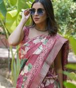 Coral Silk Blend Floral Print Zari Border Saree With Unstitched Blouse Piece
