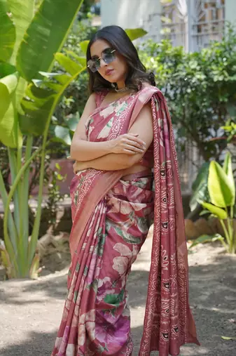 Coral Silk Blend Floral Print Zari Border Saree With Unstitched Blouse Piece