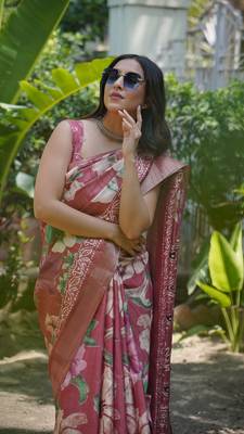 Coral Silk Blend Floral Print Zari Border Saree With Unstitched Blouse Piece 5