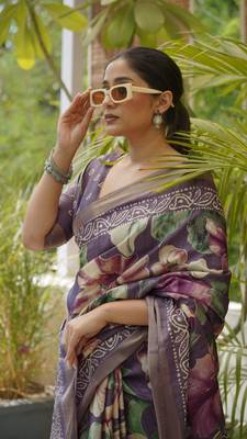 Dusty Purple Silk Blend Floral Print Zari Border Saree With Unstitched Blouse Piece 1