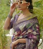Dusty Purple Silk Blend Floral Print Zari Border Saree With Unstitched Blouse Piece