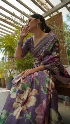 Dusty Purple Silk Blend Floral Print Zari Border Saree With Unstitched Blouse Piece 2