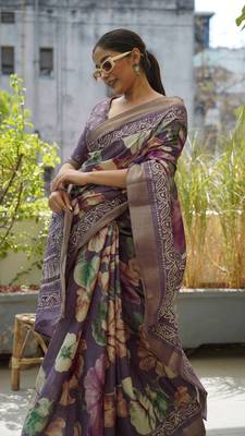 Dusty Purple Silk Blend Floral Print Zari Border Saree With Unstitched Blouse Piece 3