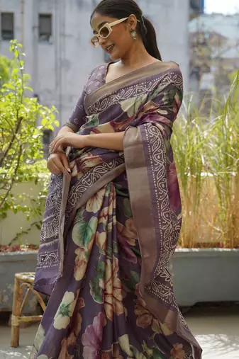 Dusty Purple Silk Blend Floral Print Zari Border Saree With Unstitched Blouse Piece