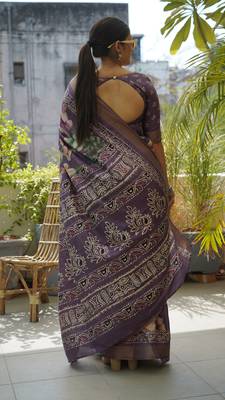 Dusty Purple Silk Blend Floral Print Zari Border Saree With Unstitched Blouse Piece 4