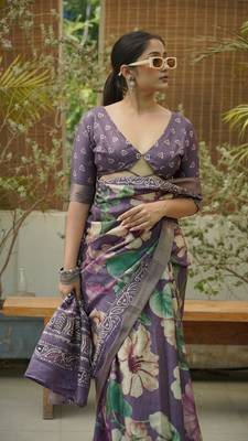 Dusty Purple Silk Blend Floral Print Zari Border Saree With Unstitched Blouse Piece 5