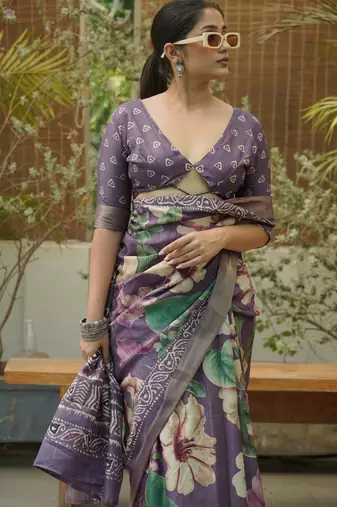 Dusty Purple Silk Blend Floral Print Zari Border Saree With Unstitched Blouse Piece