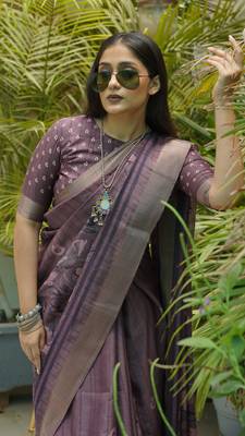 Dusty Wine Silk Blend Floral Print Zari Border Saree With Unstitched Blouse Piece 1