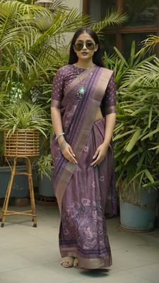 Dusty Wine Silk Blend Floral Print Zari Border Saree With Unstitched Blouse Piece 2