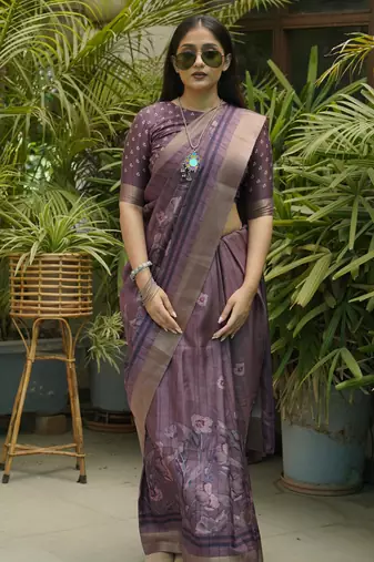 Dusty Wine Silk Blend Floral Print Zari Border Saree With Unstitched Blouse Piece