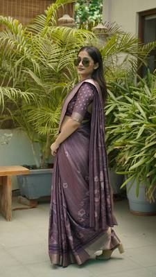 Dusty Wine Silk Blend Floral Print Zari Border Saree With Unstitched Blouse Piece 4