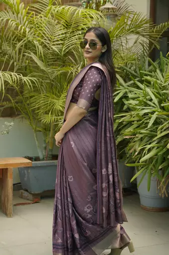 Dusty Wine Silk Blend Floral Print Zari Border Saree With Unstitched Blouse Piece