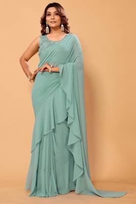 ready to wear beautiful & stunning georgette ruffle lace saree with heavy embroidery unstitched blouse 1