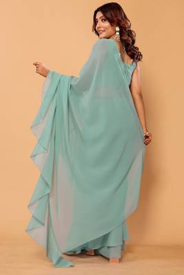ready to wear beautiful & stunning georgette ruffle lace saree with heavy embroidery unstitched blouse 2