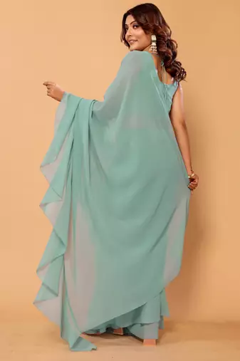 pre draped beautiful & stunning georgette ruffle lace saree with heavy embroidery blouse