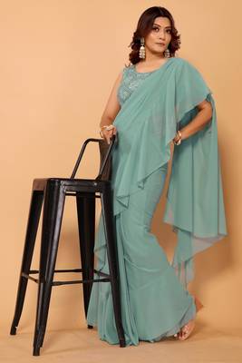ready to wear beautiful & stunning georgette ruffle lace saree with heavy embroidery unstitched blouse 3