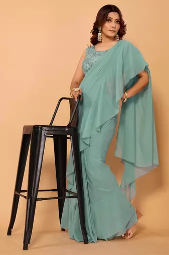 pre draped beautiful & stunning georgette ruffle lace saree with heavy embroidery blouse