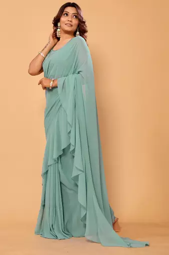 pre draped beautiful & stunning georgette ruffle lace saree with heavy embroidery blouse