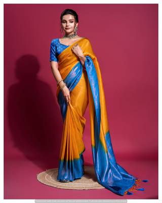 Mustard silk blend Saree With Unstitched Blouse Piece 1