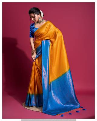 Mustard silk blend Saree With Unstitched Blouse Piece 4