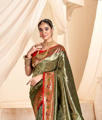 Kimisha women's olive tissue silk blend paithani saree with unstitched blouse piece 4